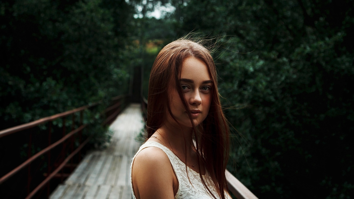 women, portrait, bridge, women outdoors, blue eyes, face