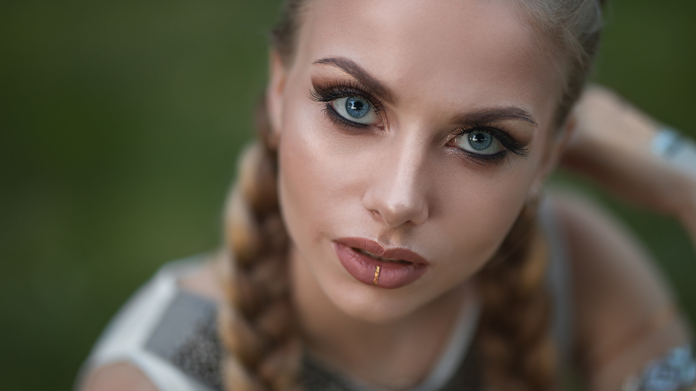 women, dmitry sn, blondeblue eyes, pigtails, face, portrait