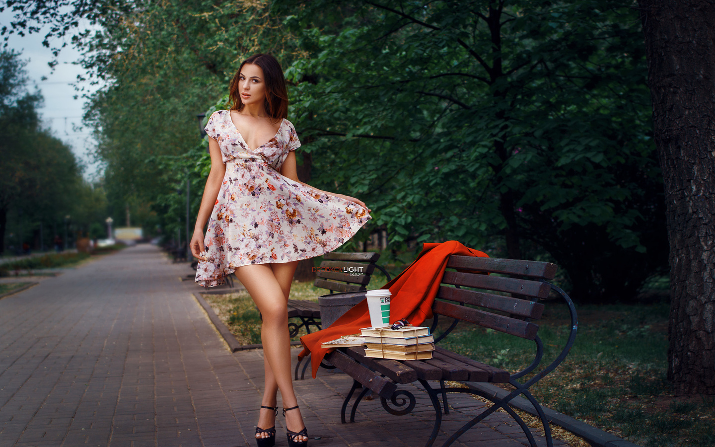 women, dress, books, bench, trees, high heels, portrait, park, 