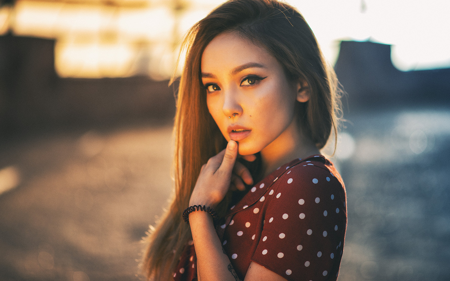 women, polka dots, face, portrait, nose ring, finger on lips, women outdoors, eyeliner, tattoo