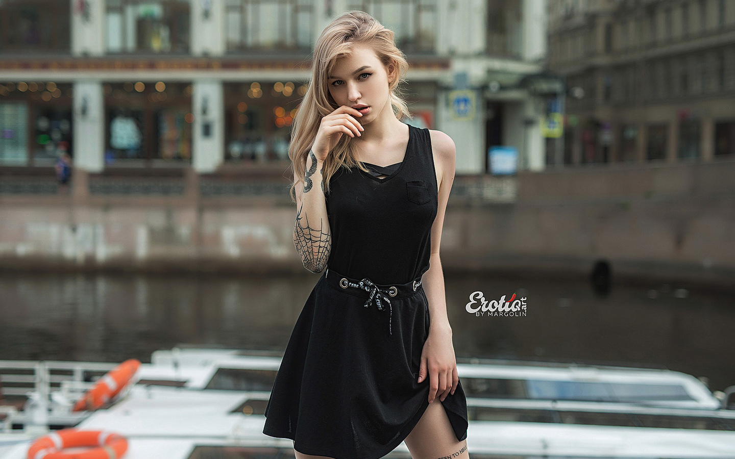 women, blonde, portrait, tattoo, black dress, river, finger on lips, brunette, women outdoors