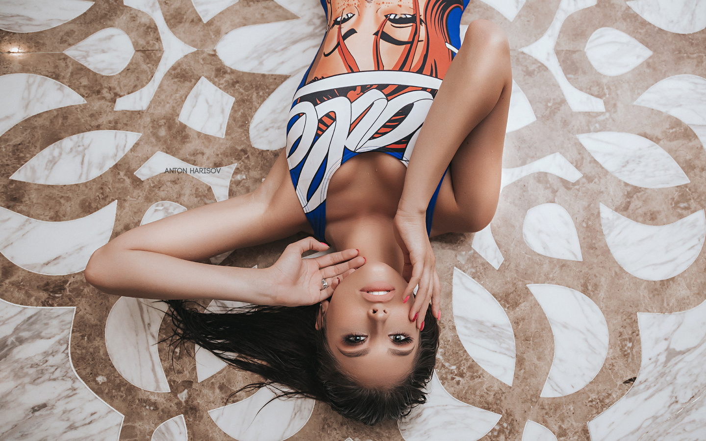 women, anton harisov, top view, red nails, water drops, wet hair, portrait