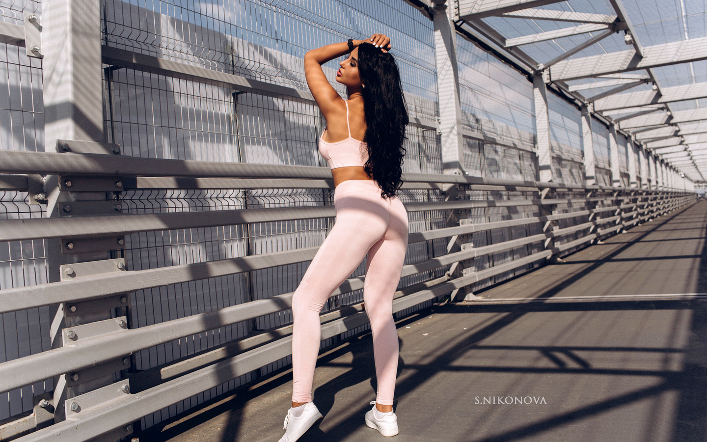 women, pink clothing, sneakers, long hair, white nails, sportswear, svetlana nikonova, socks, bridge