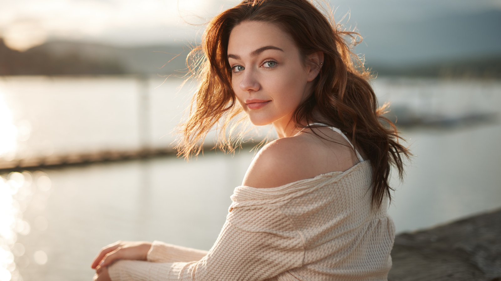 women, face, portrait, bare shoulders, smiling, depth of field, women outdoors