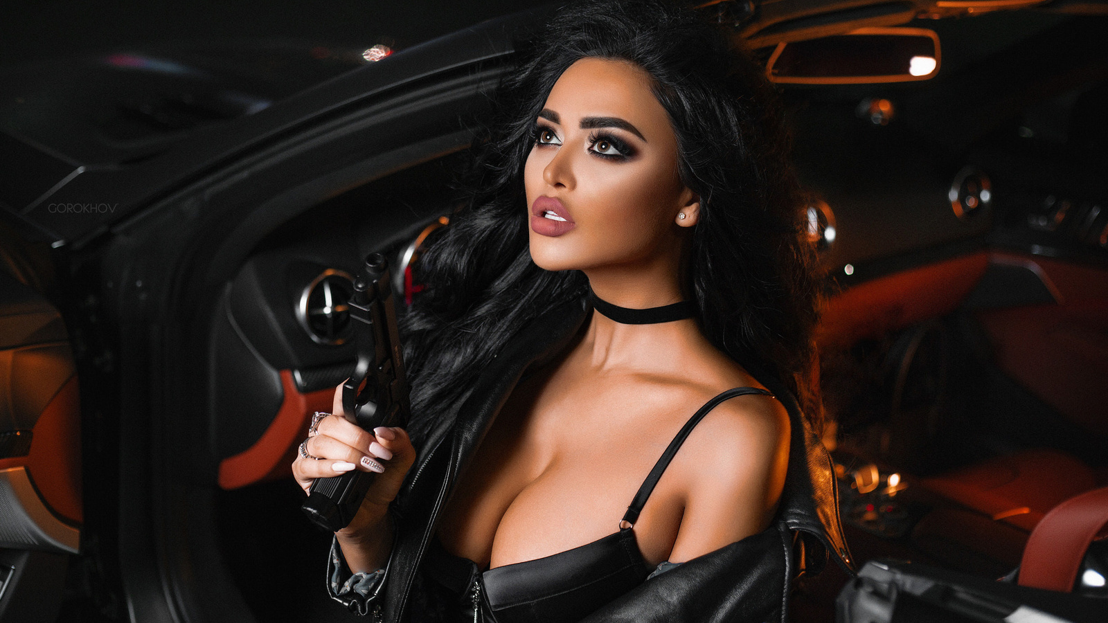 women, ivan gorokhov, tanned, gun, women with cars, leather jackets, black hair, choker, juicy lips, portrait