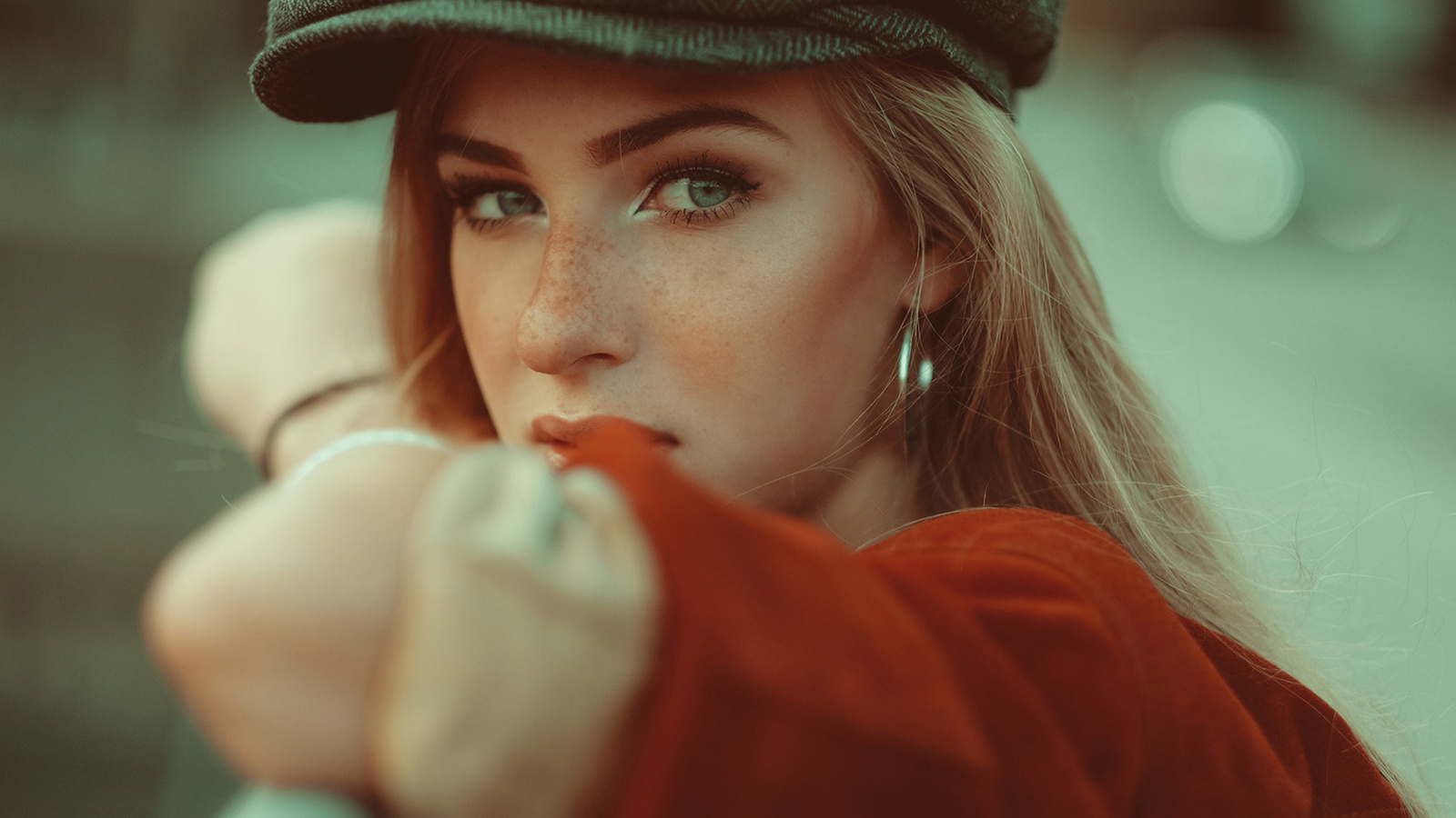 women, portrait, blonde, freckles, face