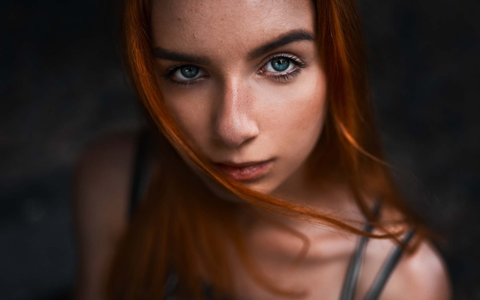 women, redhead, face, portrait, blue eyes