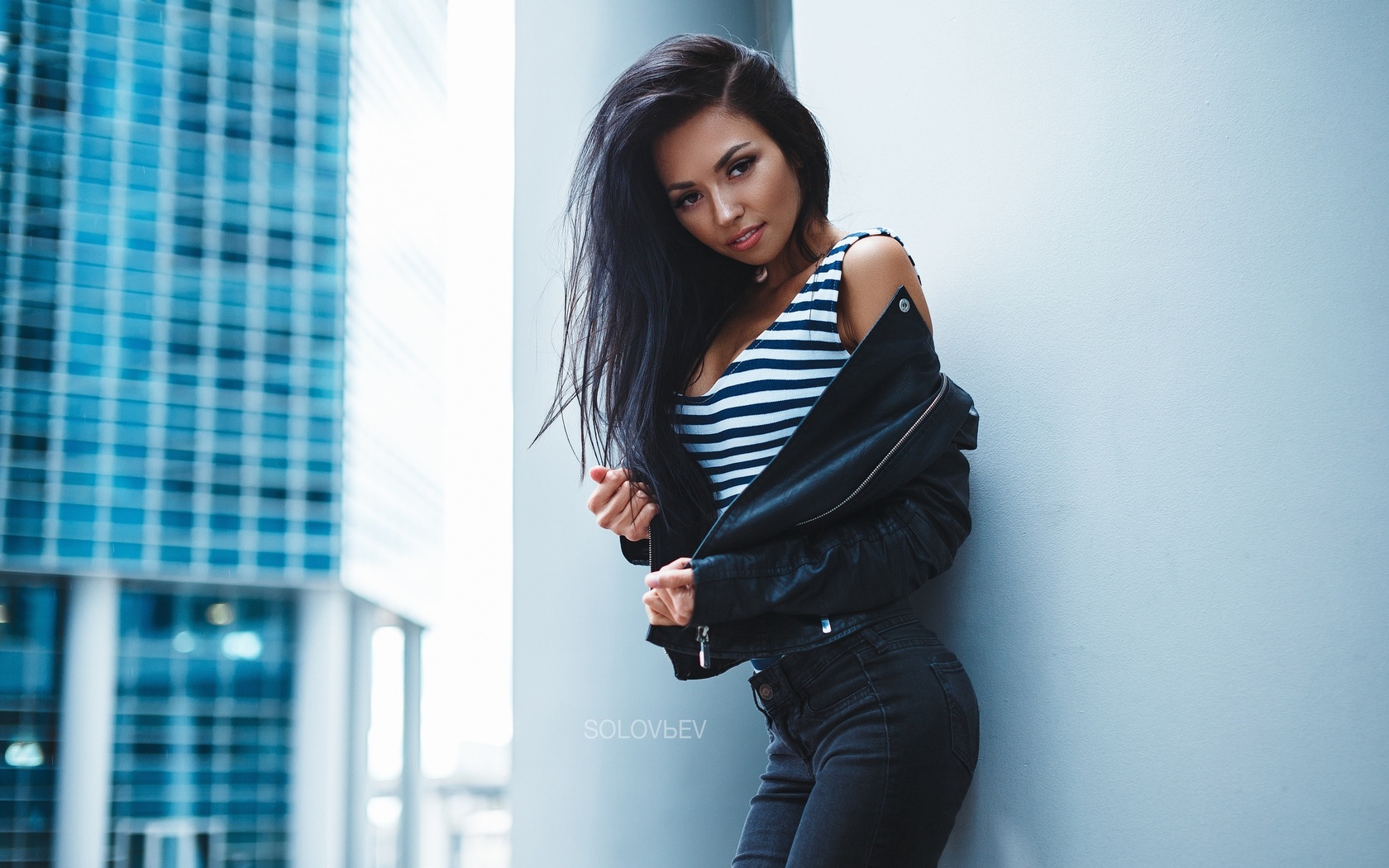 women, artem solovev, katya meshchankina, tanned, portrait, jeans, smiling, leather jackets, one-piece swimsuit