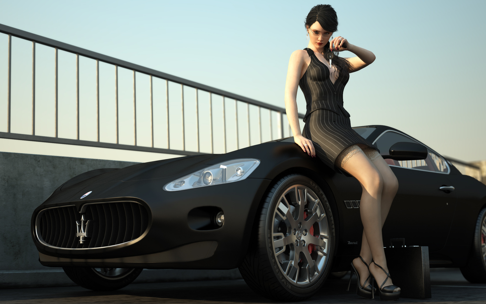 machine, girl, maserati, stockings, dress, keys, case