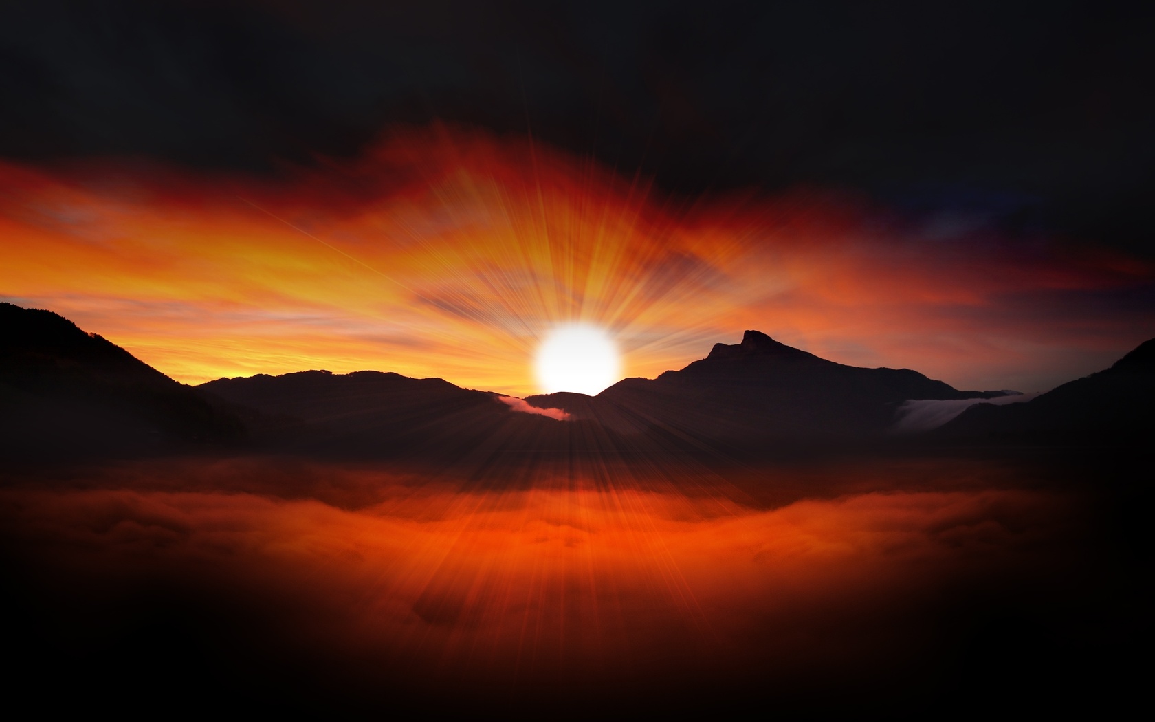 clouds, dawn, the sky, the sun, mountains, rays