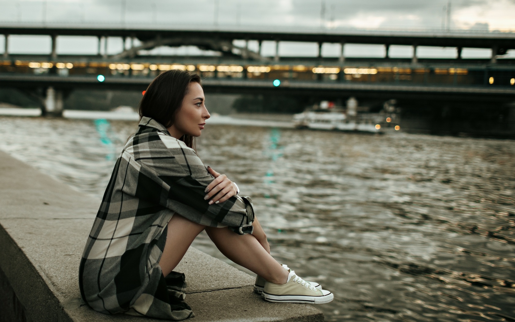 women, river, sitting, sneakers, bridge, women outdoors, plaid shirt, portrait