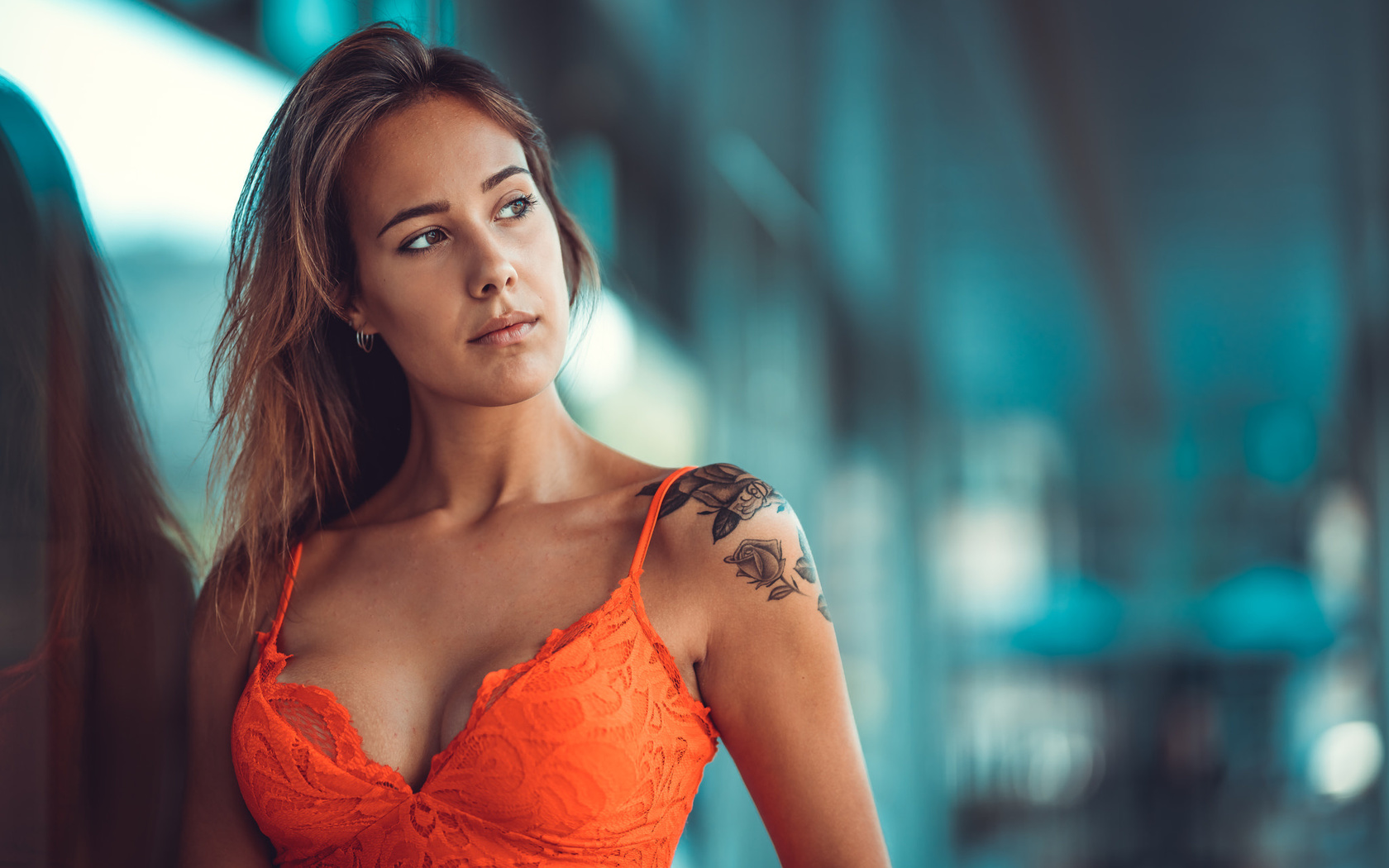 women, tanned, orange dress, tattoo, portrait, reflection, glass