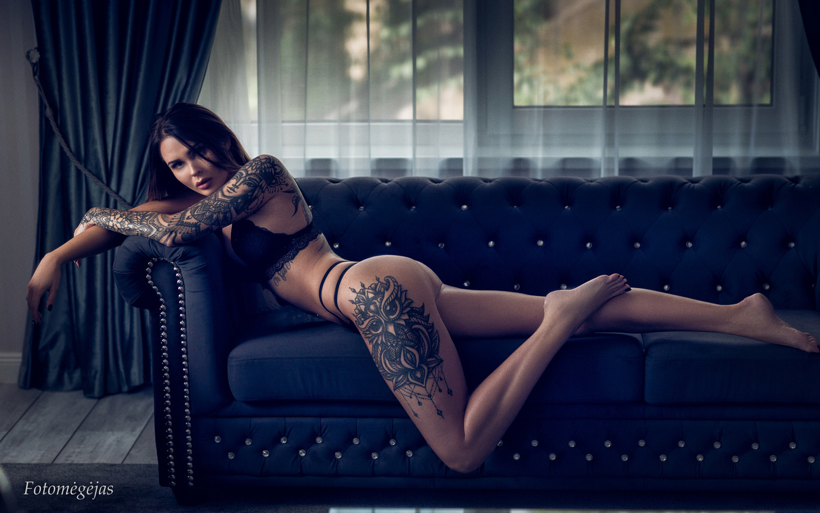 women, tattoo, couch, brunette, ass, black lingerie, lying on front, black nails