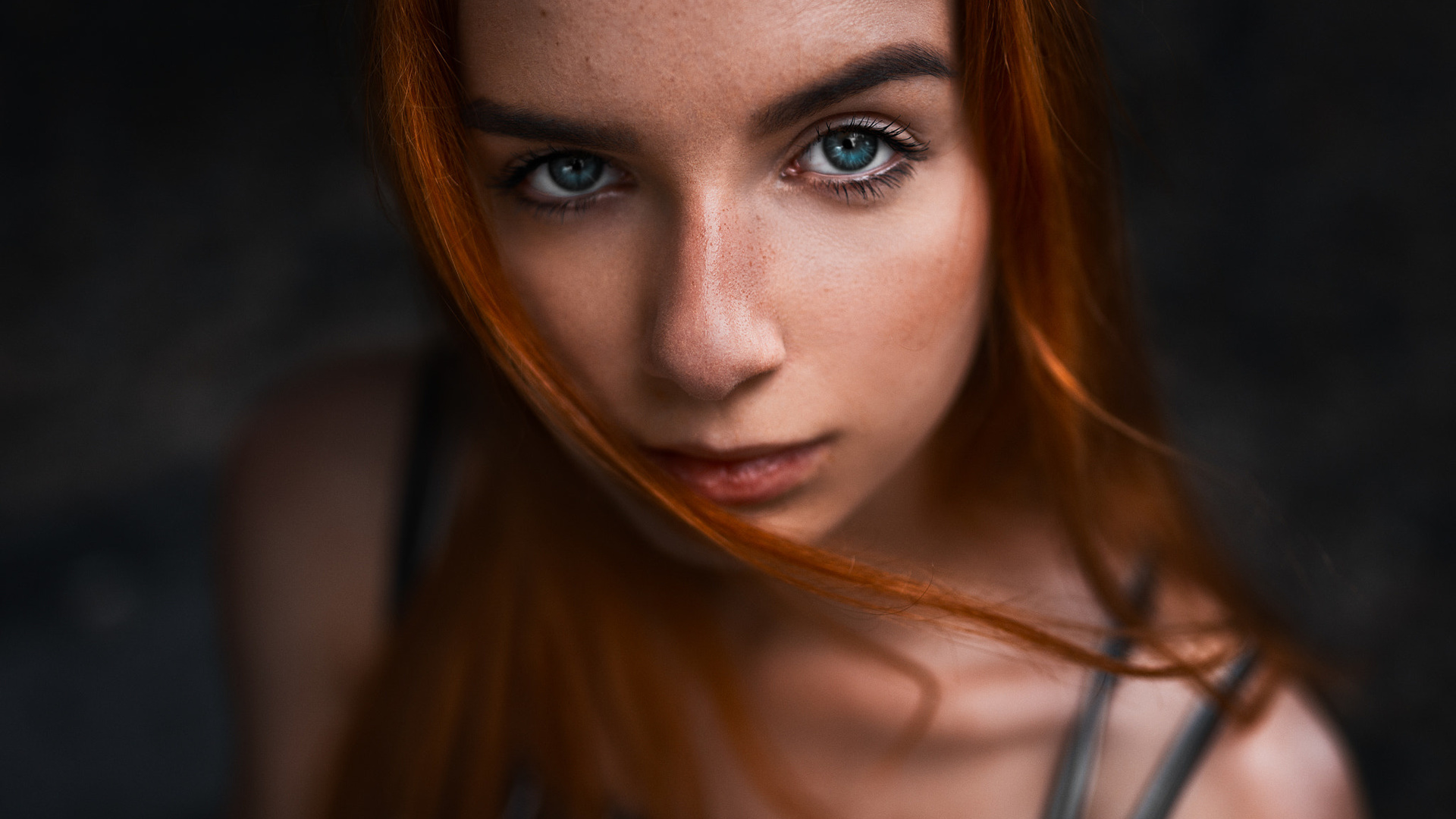 women, redhead, face, portrait, blue eyes