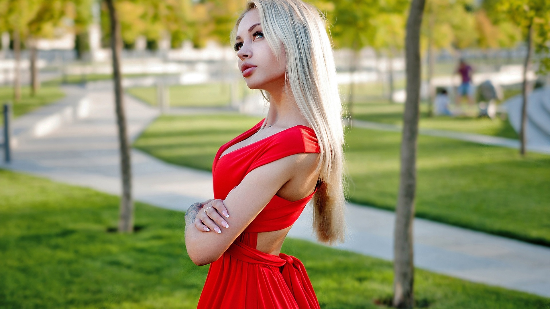 women, blonde, portrait, arms crossed, park, women outdoors, red dress