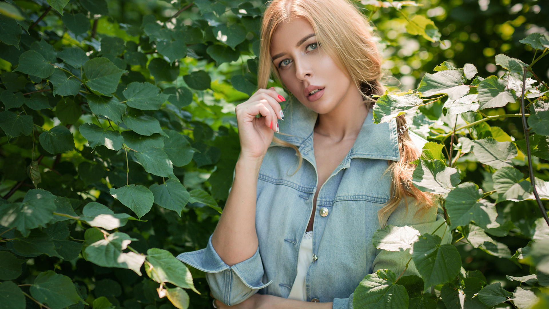 women, blonde, portrait, denim, women outdoors, painted nails