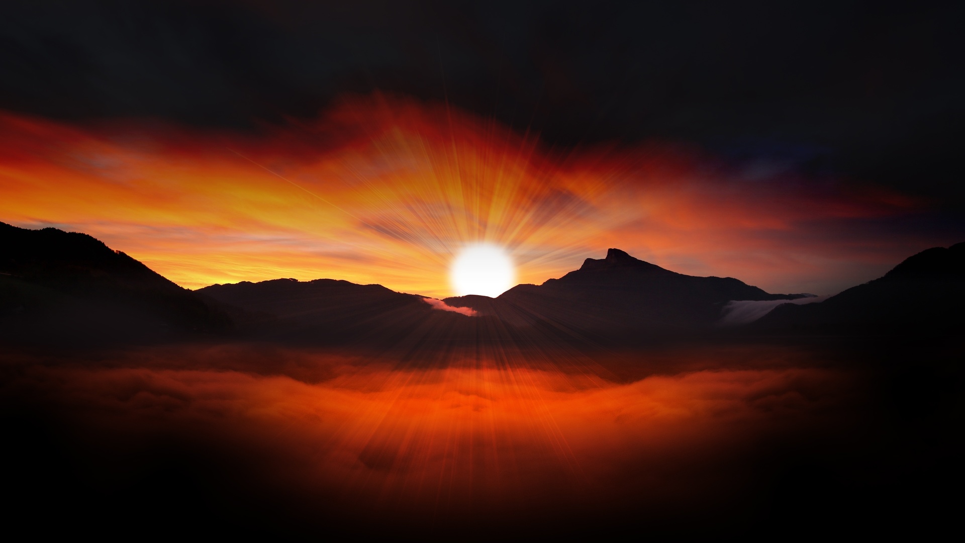 clouds, dawn, the sky, the sun, mountains, rays