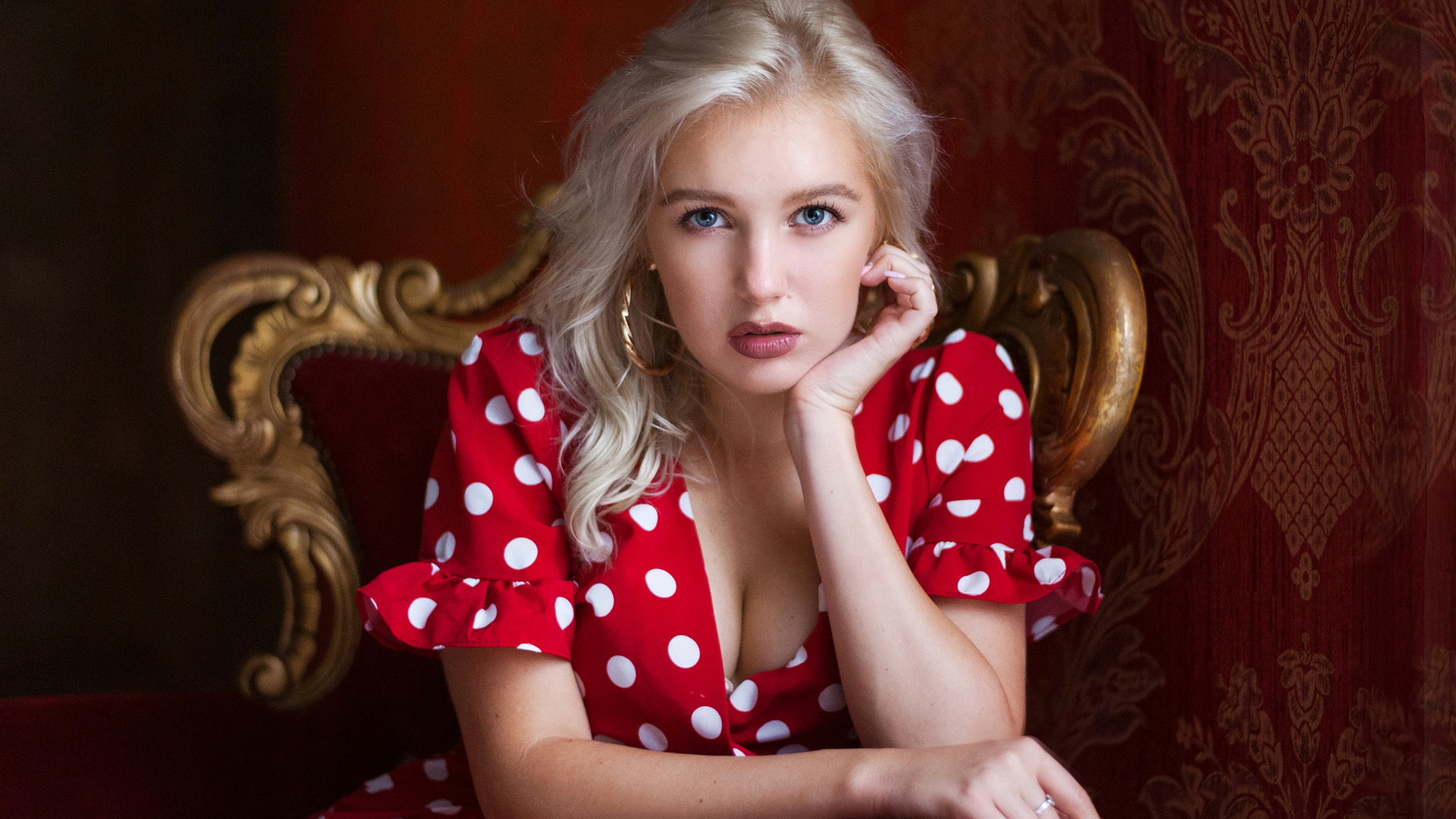 christina artemyeva, women, maxim maximov, polka dots, dress, blue eyes, sitting, portrait, pink nails