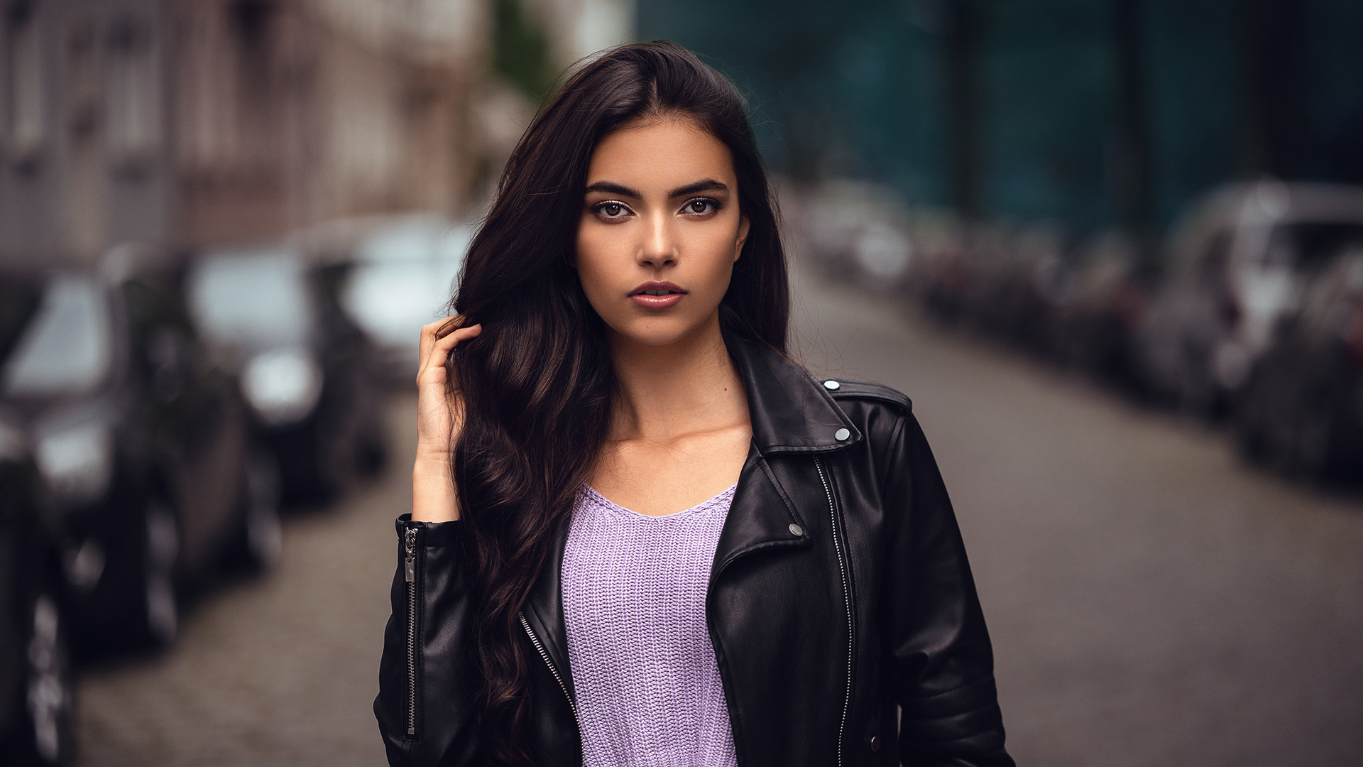 women, portrait, leather jackets, women outdoors, pink lipstick