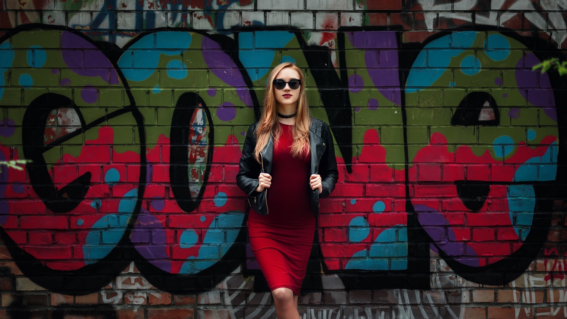 women, red dress, blonde, wall, graffiti, leather jackets, bricks, choker, red lipstick, sunglasses, portrait