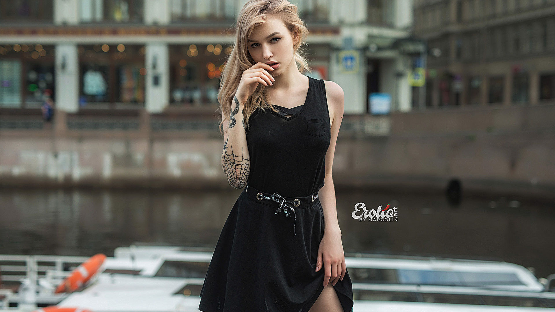 women, blonde, portrait, tattoo, black dress, river, finger on lips, brunette, women outdoors