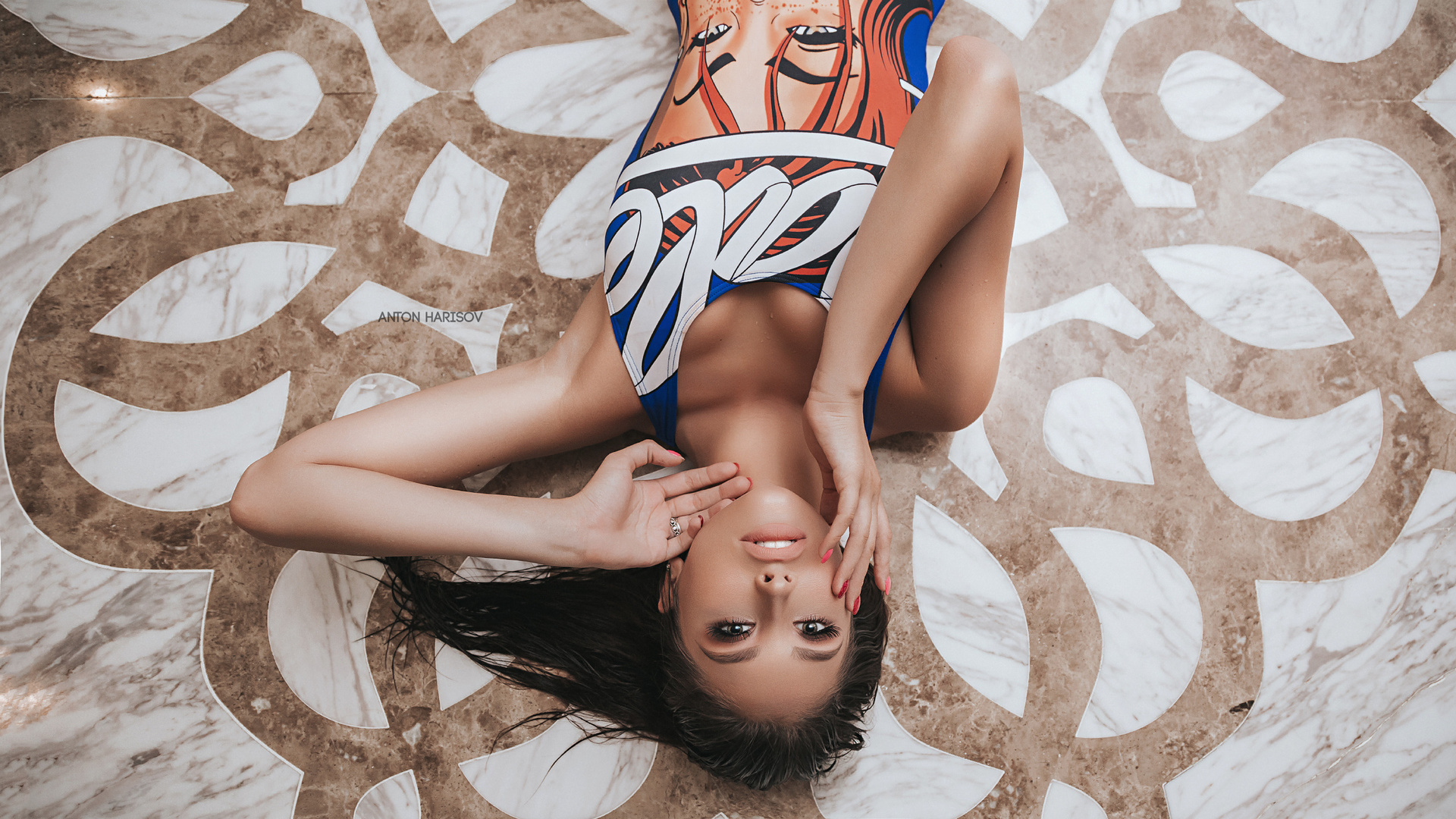 women, anton harisov, top view, red nails, water drops, wet hair, portrait