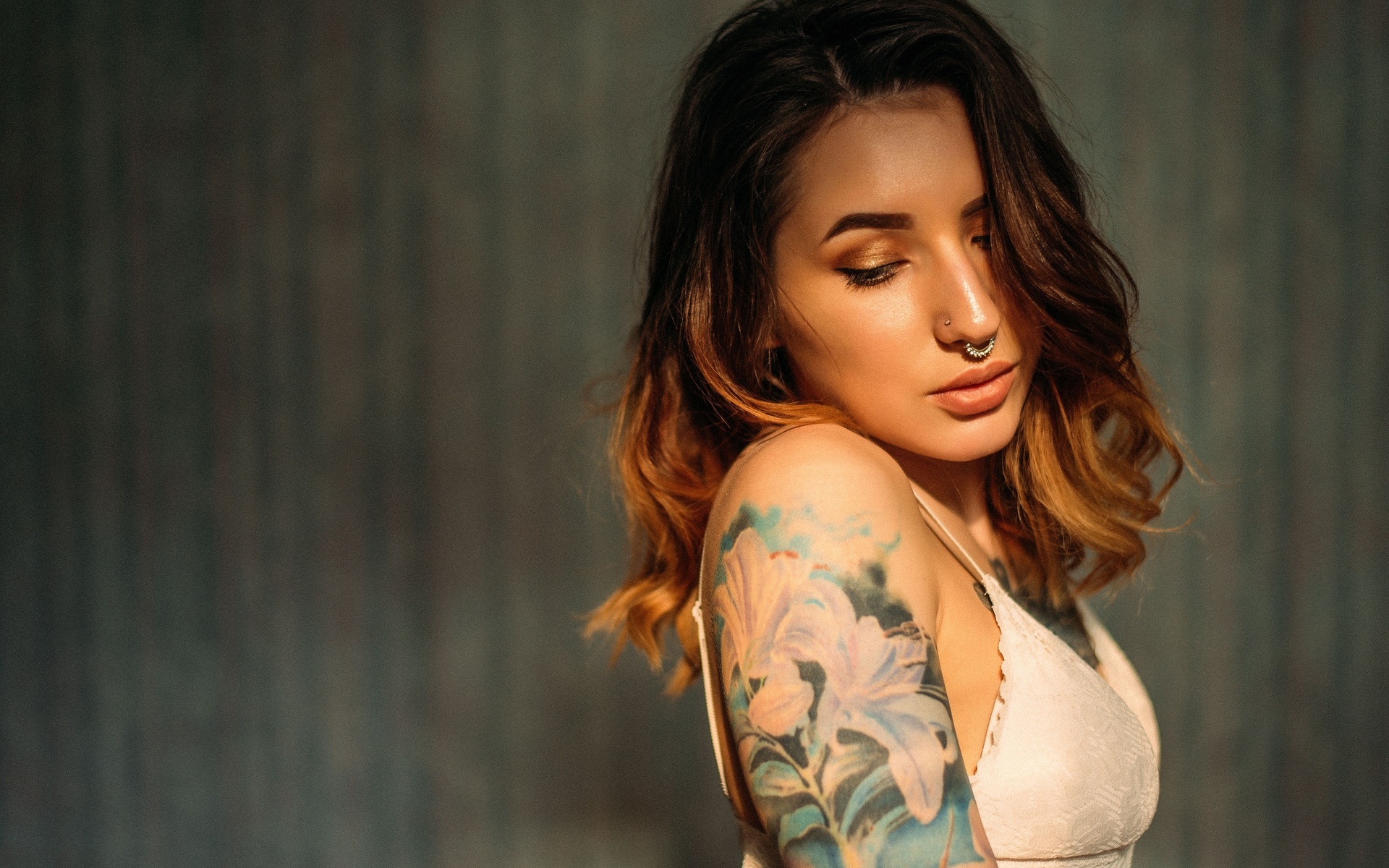 women, portrait, tattoo, dyed hair, pierced nose, wall