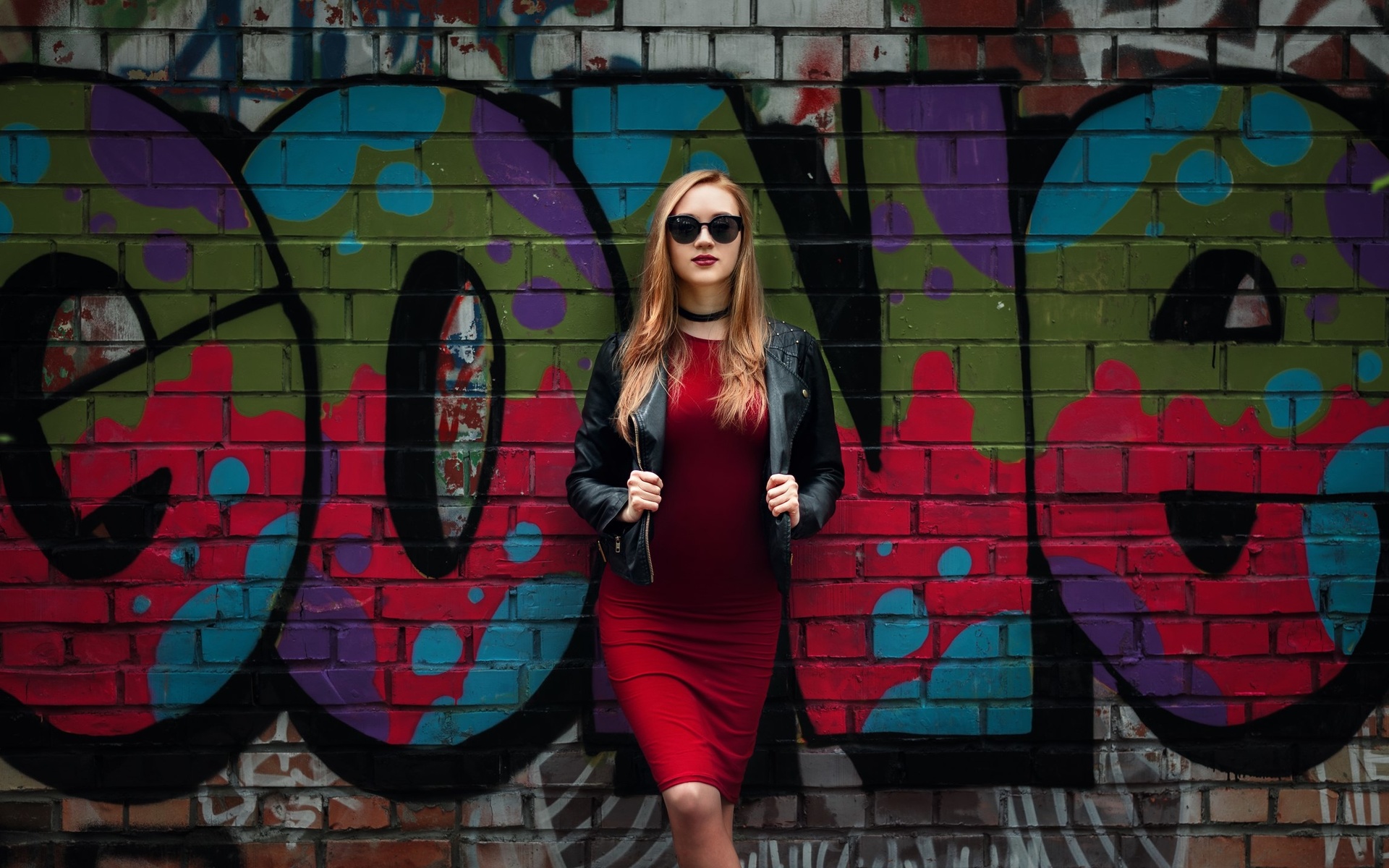 women, red dress, blonde, wall, graffiti, leather jackets, bricks, choker, red lipstick, sunglasses, portrait