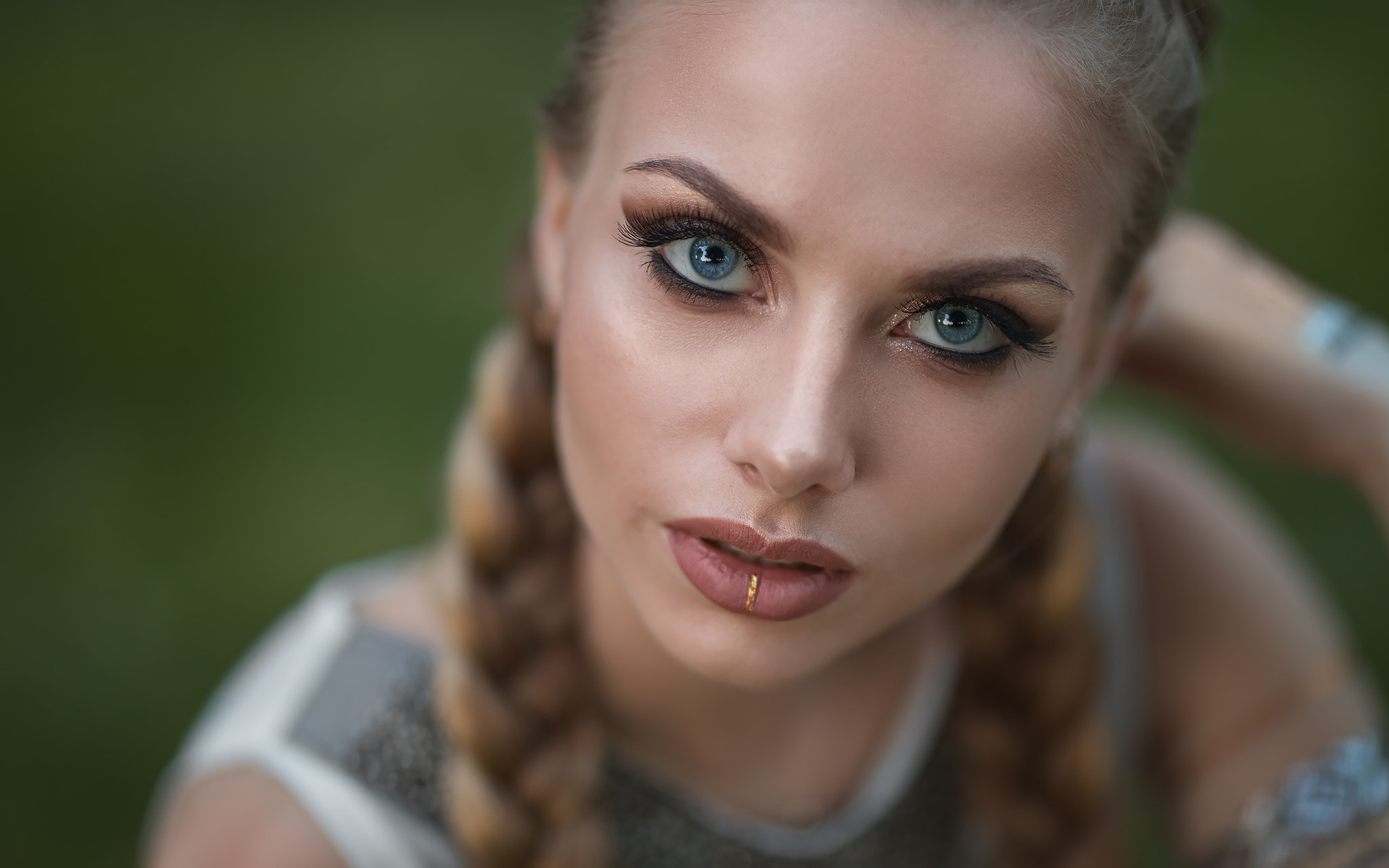 women, dmitry sn, blondeblue eyes, pigtails, face, portrait