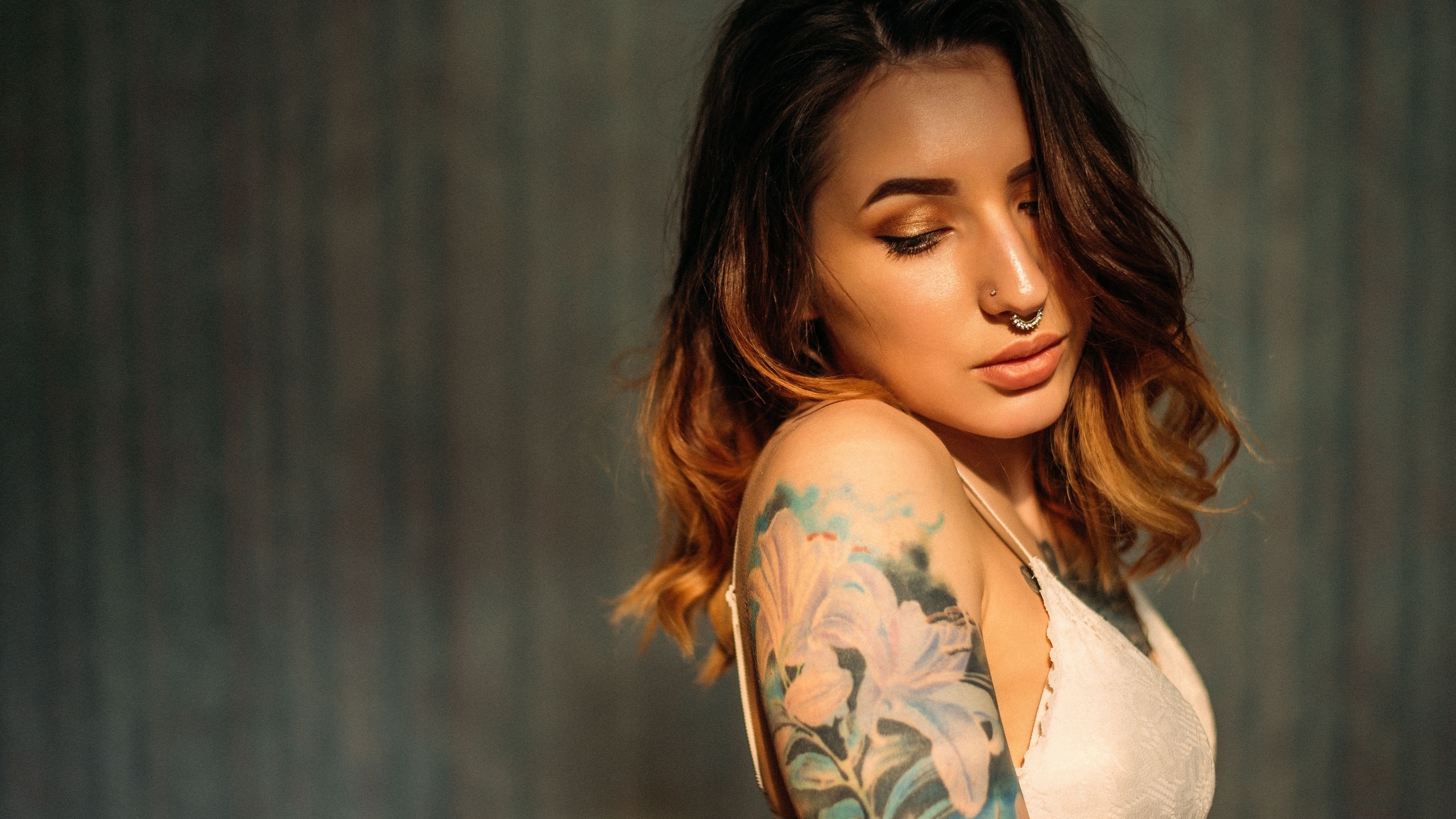 women, portrait, tattoo, dyed hair, pierced nose, wall