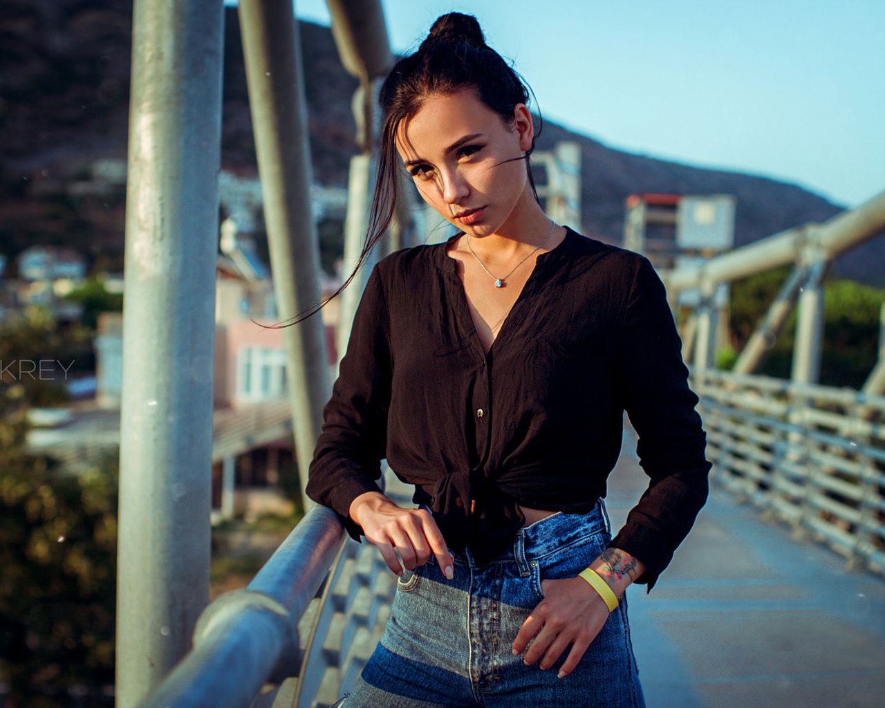 women, tattoo, jeans, hairbun, women outdoors, bridge, necklace