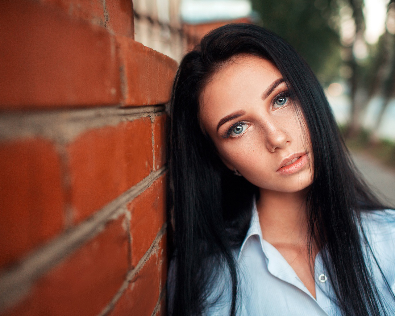 women, face, portrait, bricks, gray eyes