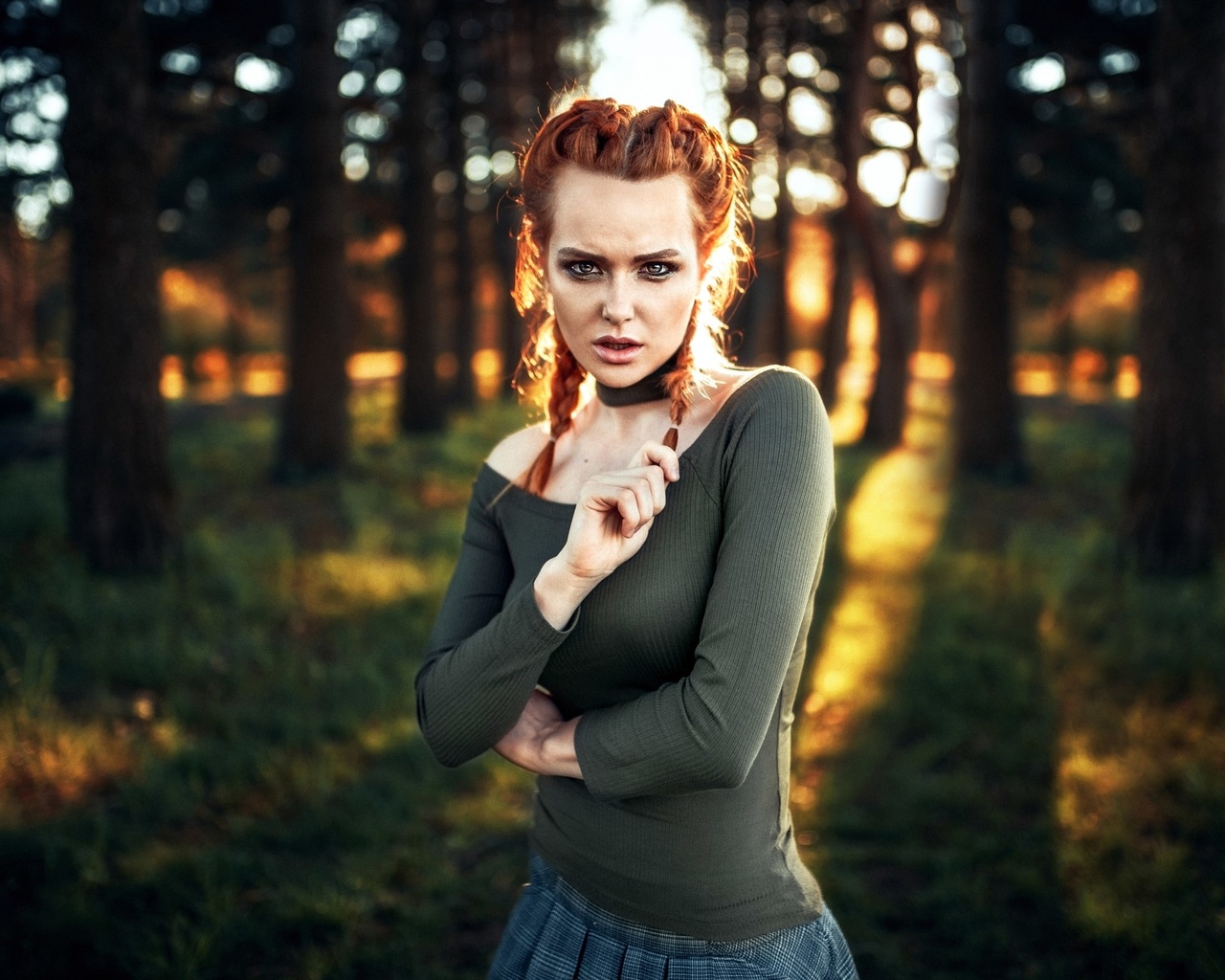 women, redhead, trees, pigtails, women outdoors, portrait