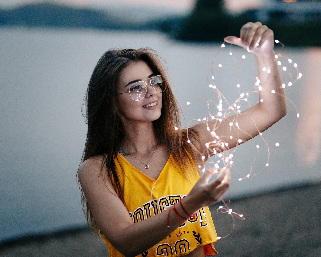 women, smiling, portrait, women with glasses, long hair, women outdoors, brunette