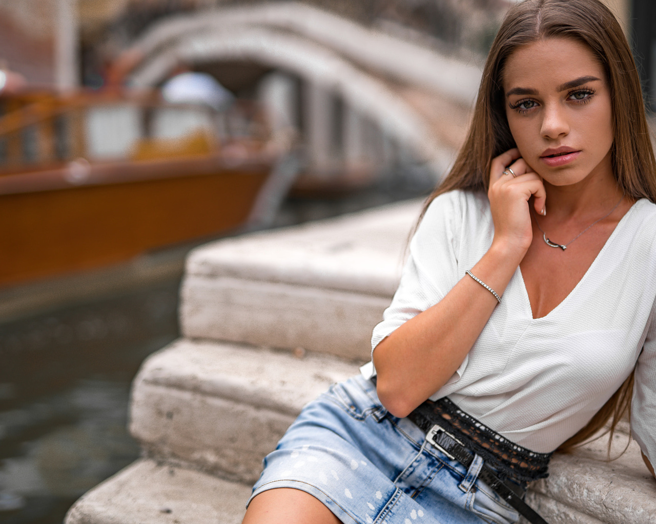 women, marco squassina, portrait, denim skirt, belt