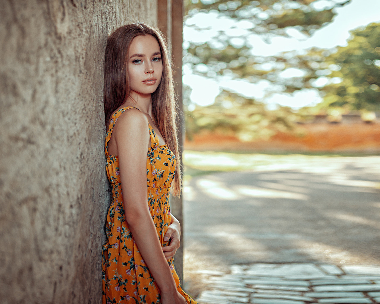 women, portrait, dress, wall, brunette, yellow dress, oliver gibbs