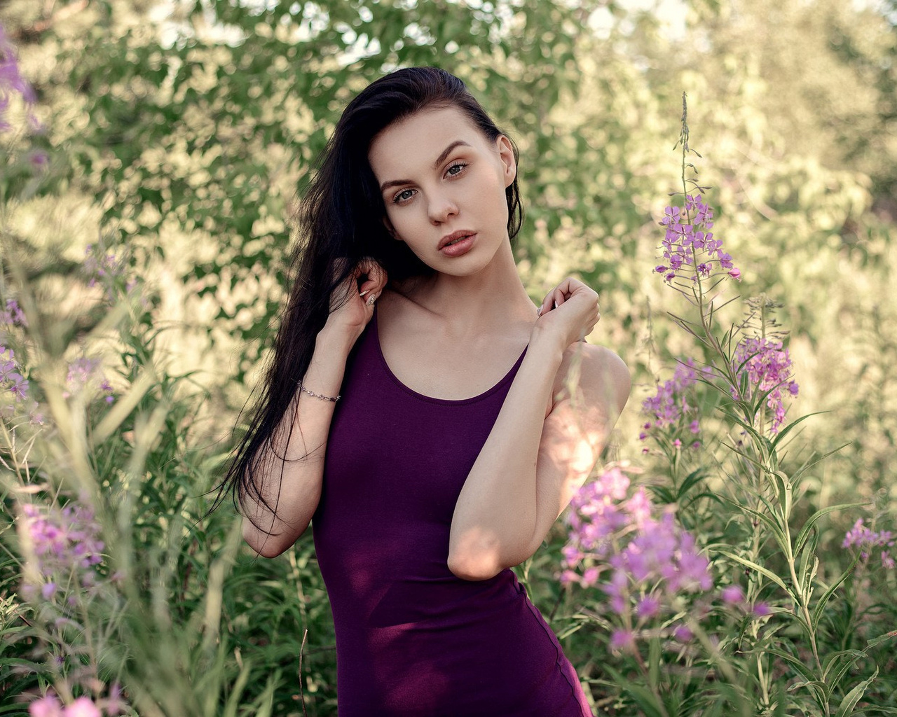 women, portrait, purple dresses, long hair