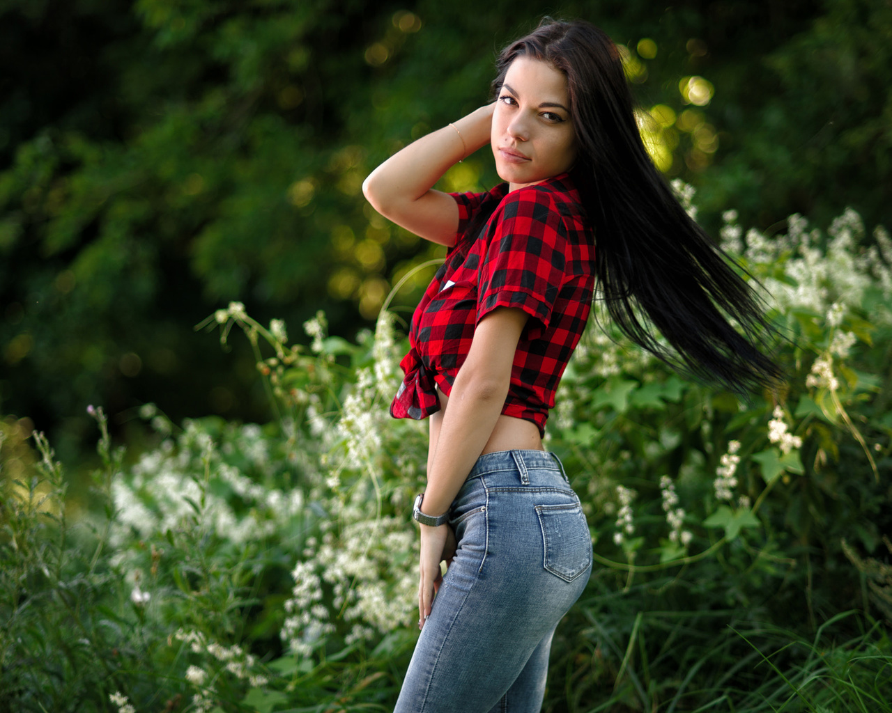 women, jeans, plaid shirt, portrait, long hair