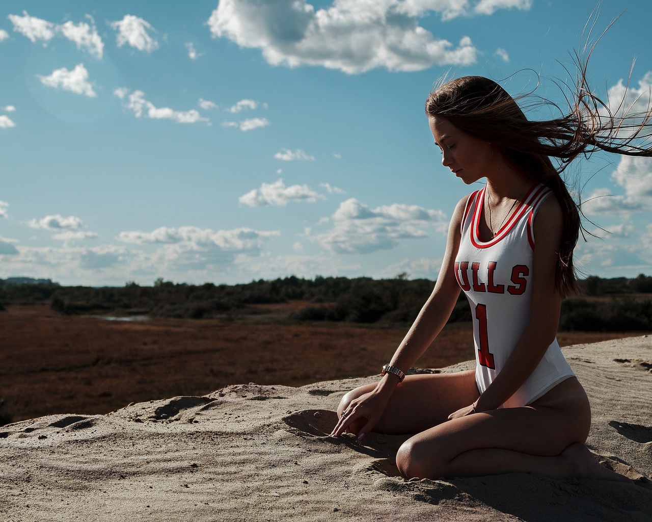 women, one-piece swimsuit, kneeling, tanned, tan lines, sand, long hair, women outdoors