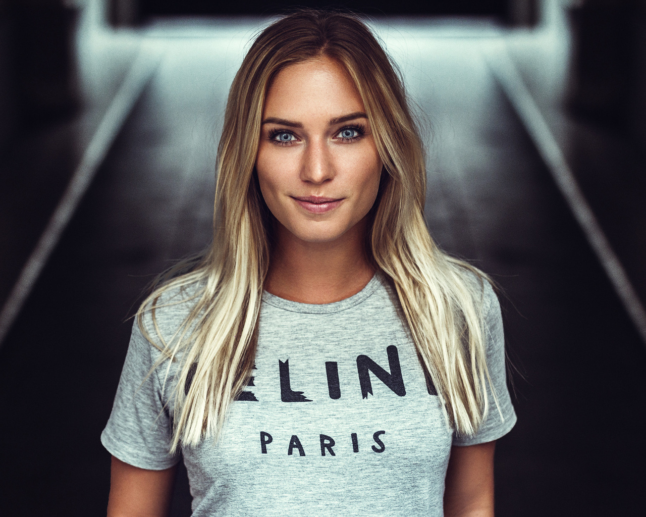 women, blonde, blue eyes, smiling, t-shirt, portrait