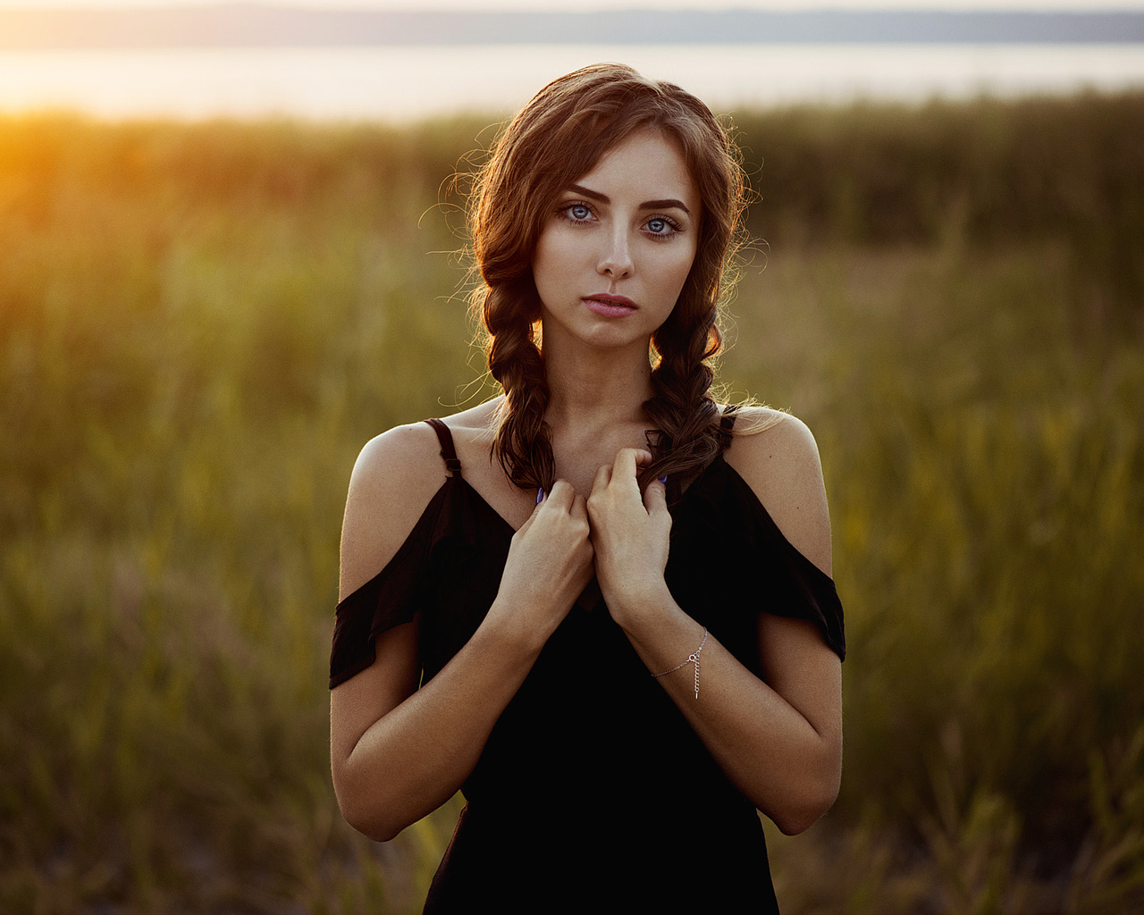 women, pigtails, blue eyes, sunset, bare shoulders, portrait