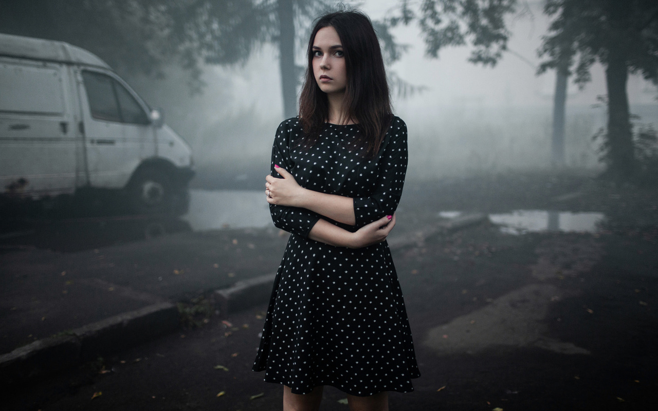 women, portrait, arms crossed, dress, trees, polka dots, women outdoors, mist, painted nails, car