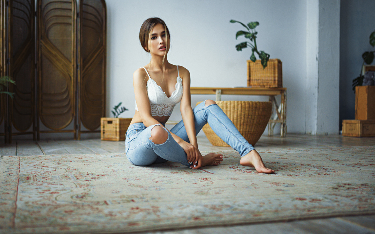 anastasia lis, women, sergey fat, torn jeans, brunette, plants, portrait