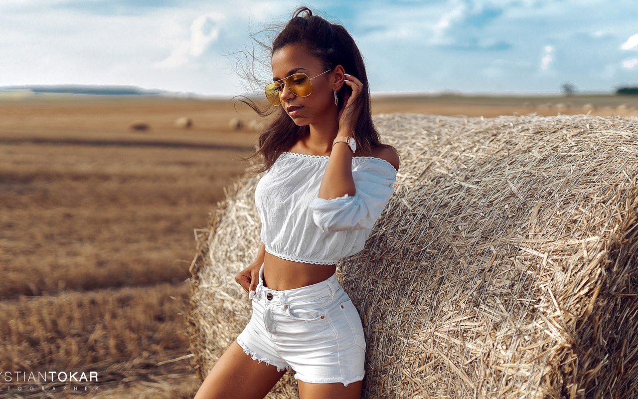 women, krystian tokar, tanned, women outdoors, women with glasses, hay, jean shorts, white clothing