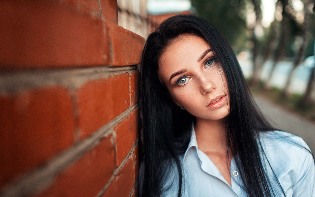 women, face, portrait, bricks, gray eyes