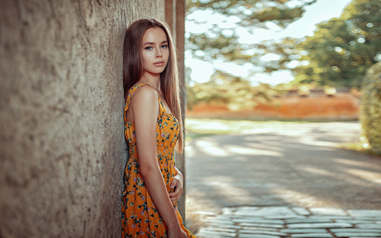 women, portrait, dress, wall, brunette, yellow dress, oliver gibbs