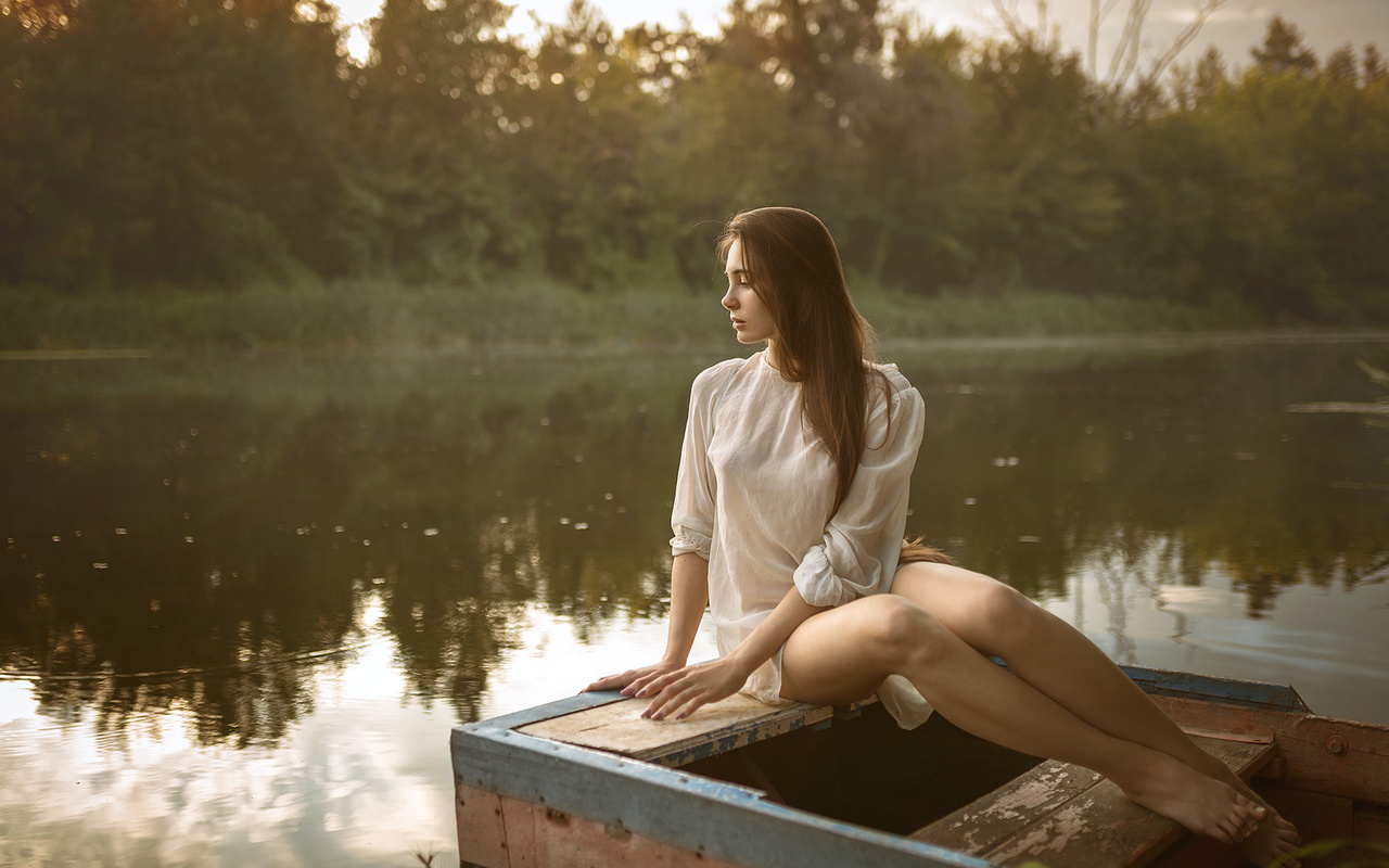 women, sitting, river, boat, white clothing, portrait