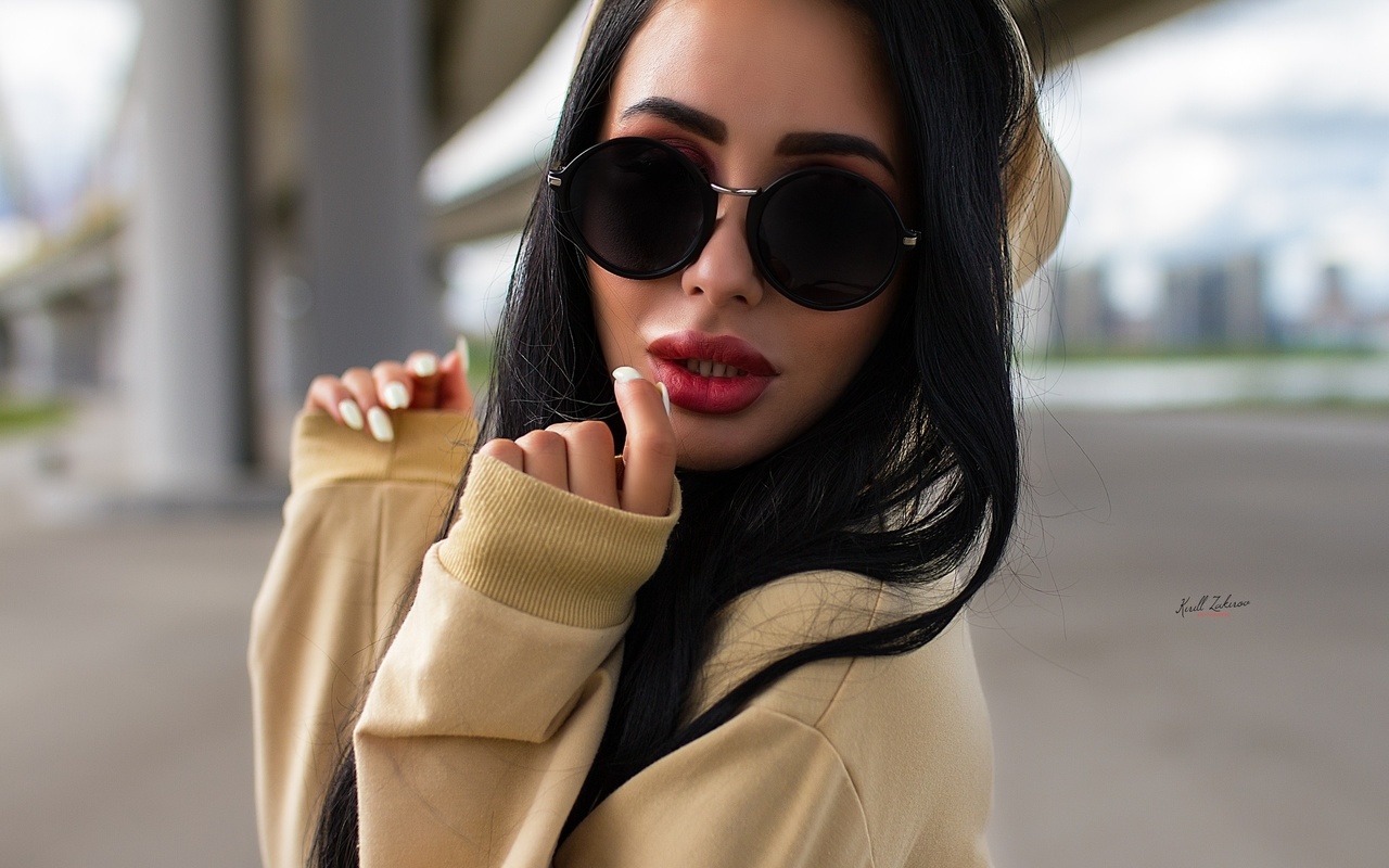 women, red lipstick, hoods, sunglasses, portrait, bridge