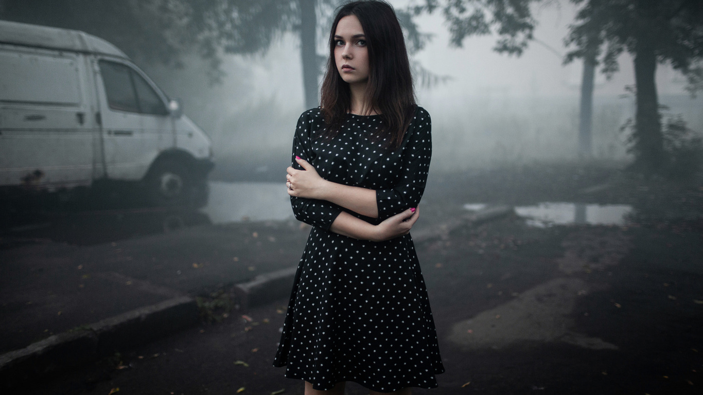 women, portrait, arms crossed, dress, trees, polka dots, women outdoors, mist, painted nails, car