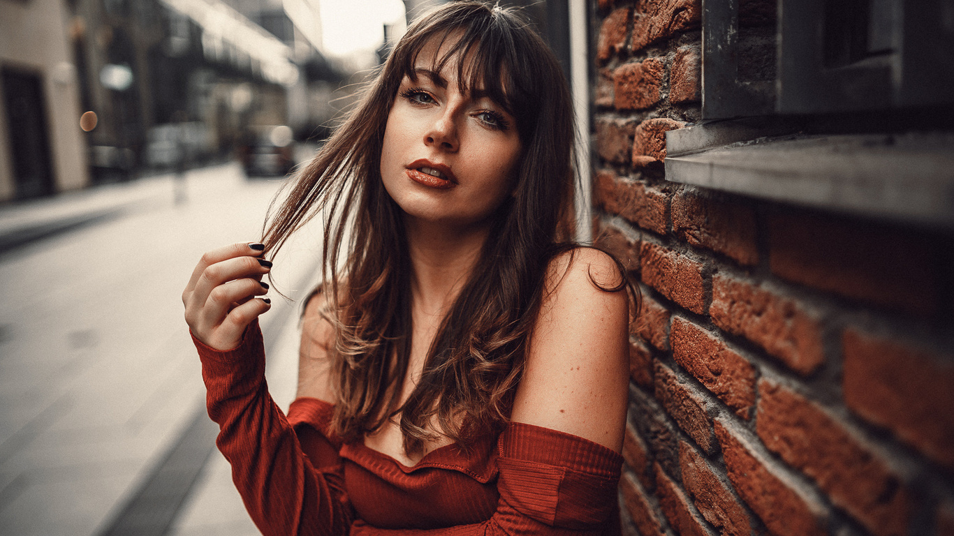 women, portrait, bare shoulders, bricks, black nails, face